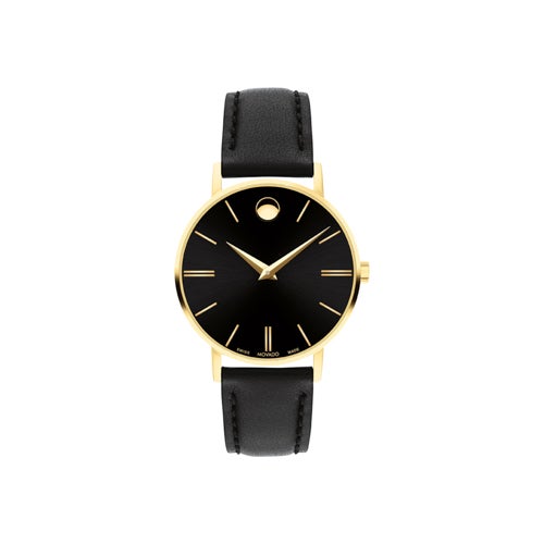 Ladies Corporate Exclusive Gold & Black Leather Strap Watch, Black Dial