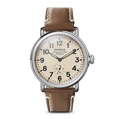 Mens' Runwell Dark Nut Brown Leather Strap Watch, Cream Dial