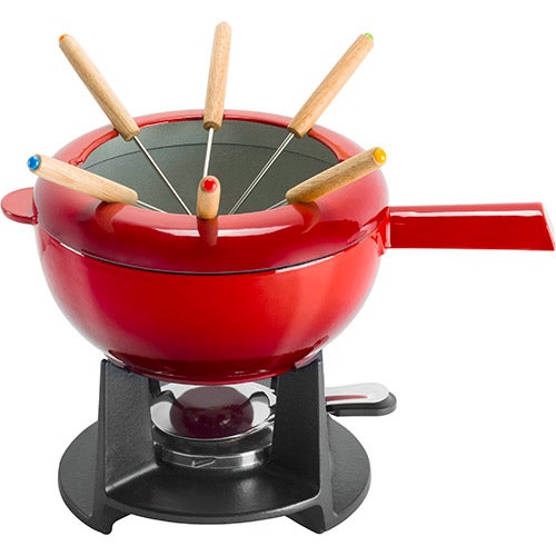 Enameled Cast Iron Fondue Pot Set, Red