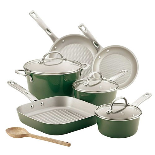 10pc Home Collection Porcelain Enamel Nonstick Cookware Set, Basil Green