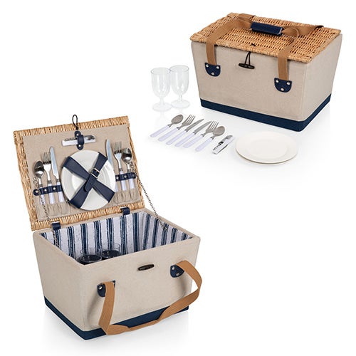 Boardwalk Picnic Basket for 2, Beige Canvas w/ Navy Blue Accents