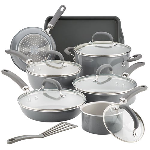 Create Delicious 13pc Enameled Aluminum Cookware, Gray Shimmer Power