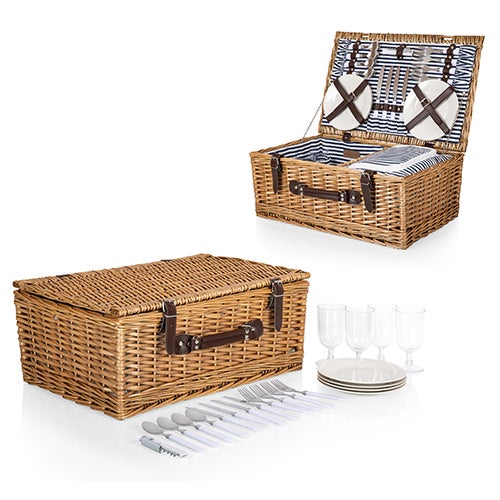 Belmont Picnic Basket, Navy Blue & White Stripe