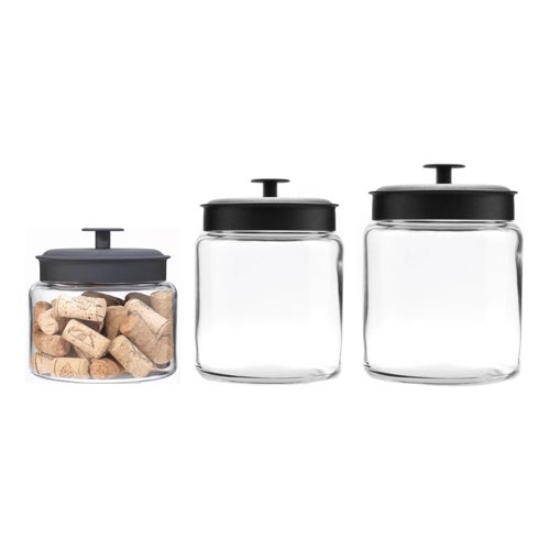 3pc Montana Glass Canister Set w/ Fresh Seal Lids, Black