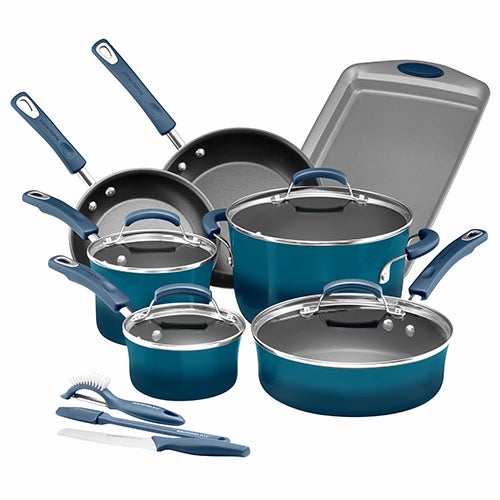 14pc Classic Brights Nonstick Cookware, Marine Blue