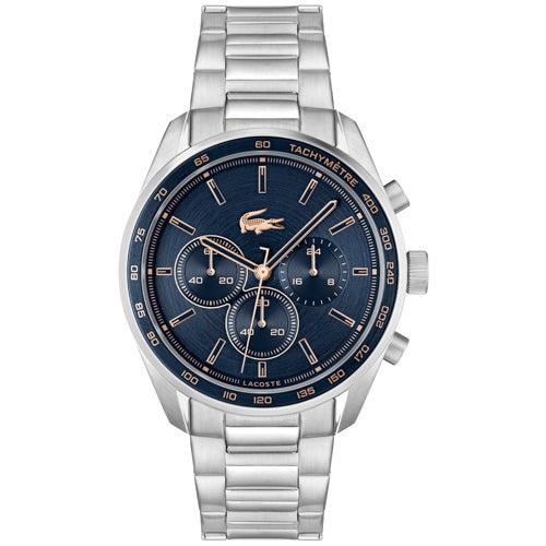 Men's Boston Chronograph Silver-Tone Stainless Steel Watch, Navy Dial