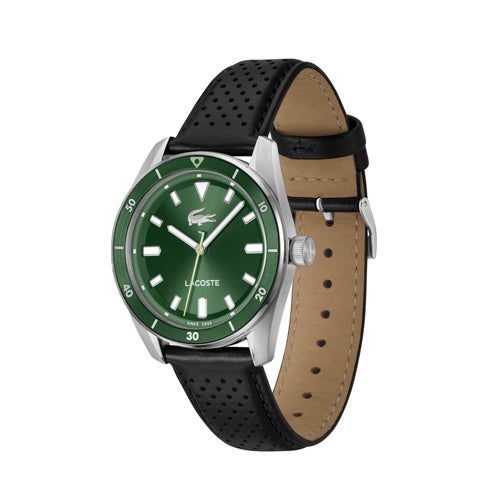 Mens Boston Green & Black Leather Strap Watch, Green Dial
