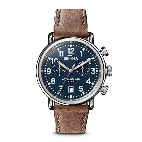 Unisex Runwell Chrono British Tan Leather Strap Watch, Midnight Blue Dial