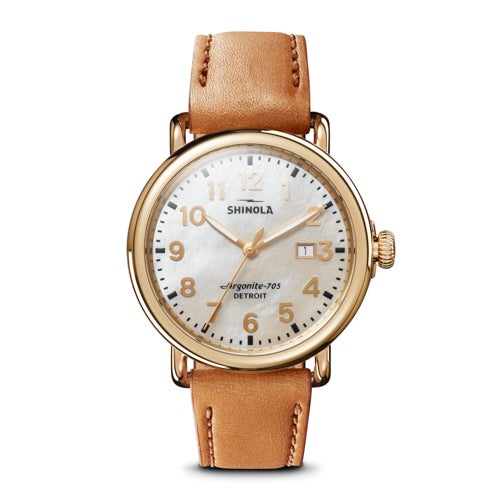 Ladies Runwell Date Tan Leather Strap Watch, White MOP Dial