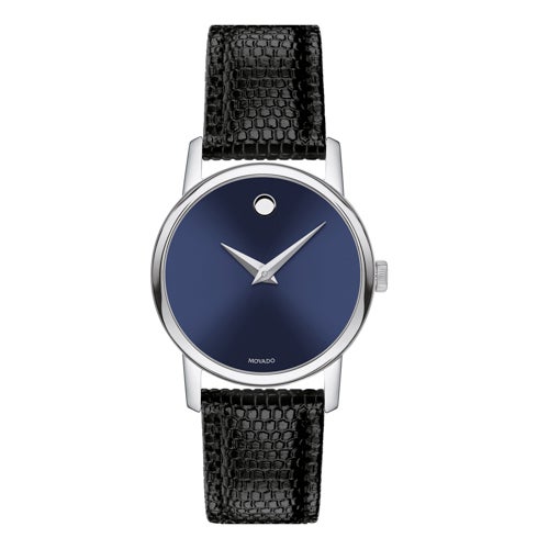 Ladies Museum Classic Silver & Black Textured Leather Strap Watch, Blue Dial