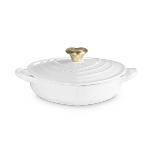 1.25qt Traditional Cast Iron Shallow Heart Cocotte w/ Light Gold Knob, White