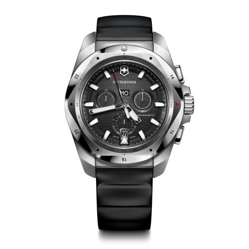Mens I.N.O.X. Chronograph Silver & Black Rubber Strap Watch, Black Dial