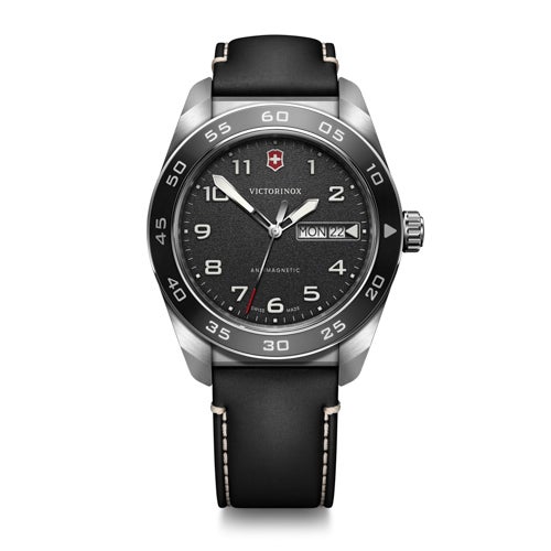 Mens Swiss Army Quartz Silver & Black Leather Strap Watch, Black Dial