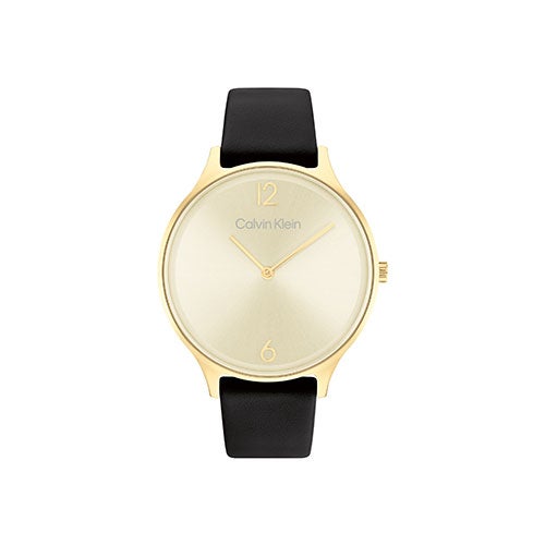 Ladies Quartz Black Leather Strap Watch, Champagne Dial