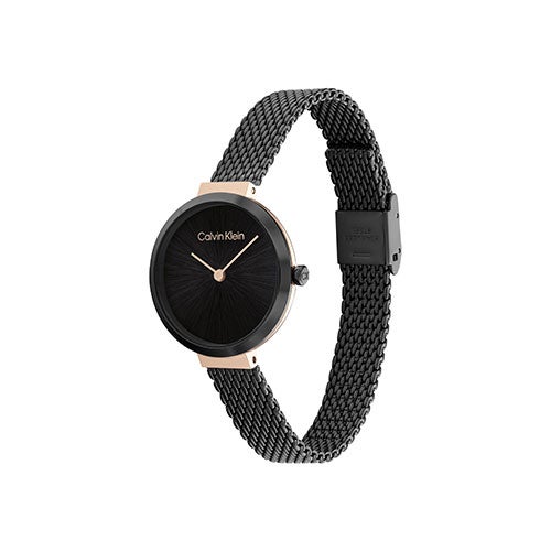 Ladies Black Stainless Steel Mesh Watch, Rose Gold Dial