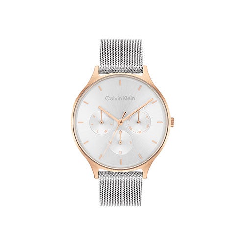 Ladies Timeless Silver & Rose Gold Multi-Function SS Mesh Watch, Silver Dial