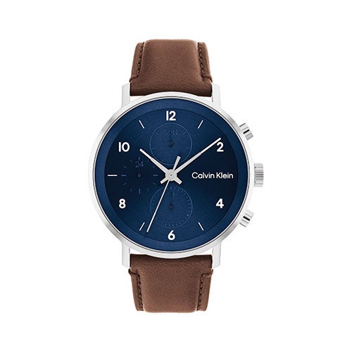 Mens Modern Multi-Function Brown Leather Strap Watch, Blue Dial
