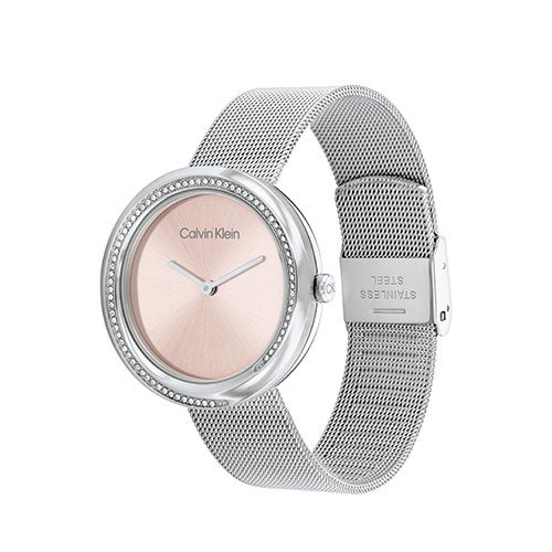 Ladies Silver-Tone Stainless Steel Mesh Watch, Pink Dial