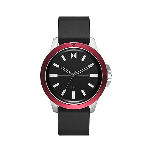 Mens Minimal Sport Red Sea Black Silicone Watch, Black Dial