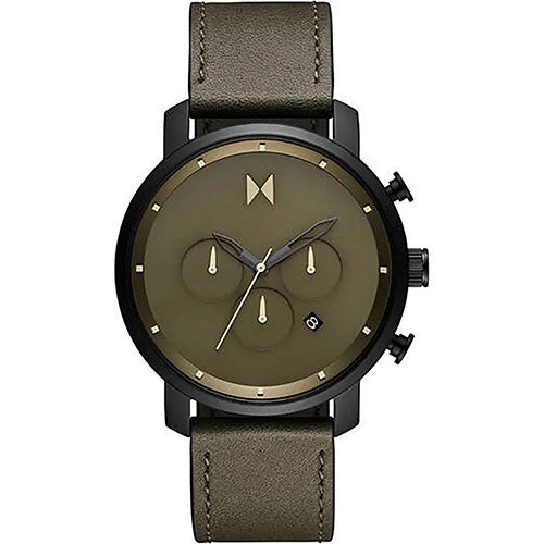 Mens Chrono Dark Green Leather Strap Watch, Green Dial