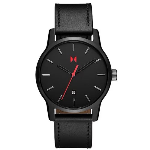 Mens Classic II Jet Black Leather Strap Watch, Black Dial