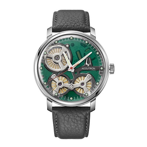 Men's Spaceview 2020 Electrostatic Charcoal Leather Strap, Green Dial
