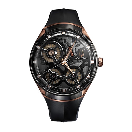 Men's Accutron DNA Electrostatic RG & Black Rubber Strap Watch, Black Dial