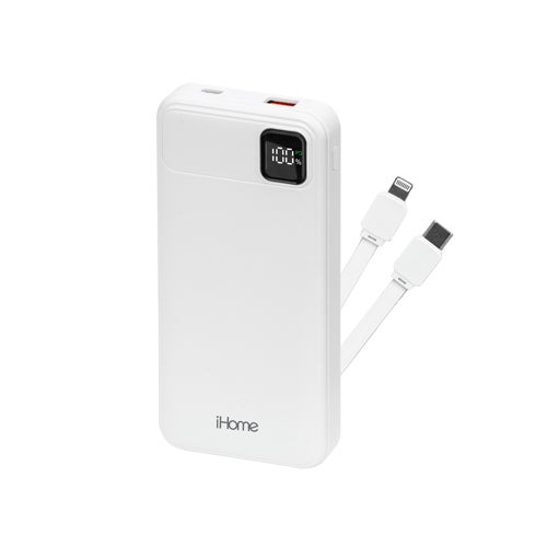 10,000mAh 20W PD Portable Power Bank w/ Built-in Type-C & Lightning Cable, White