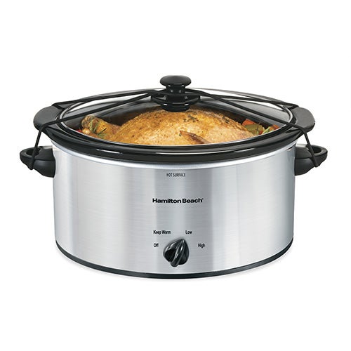 6qt Oval Slow Cooker w/ Lid Latch Strap, Chrome