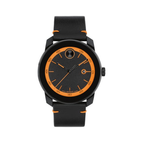 Men's Bold TR90 Orange & Black Leather Strap Watch, Black Dial