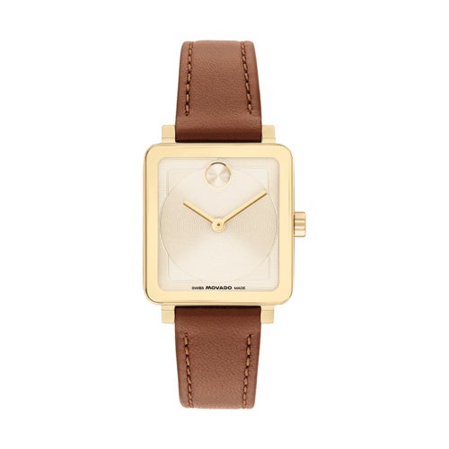 Ladies BOLD Evolution 2.0 Cognac Leather Strap Square Watch, Champagne Dial