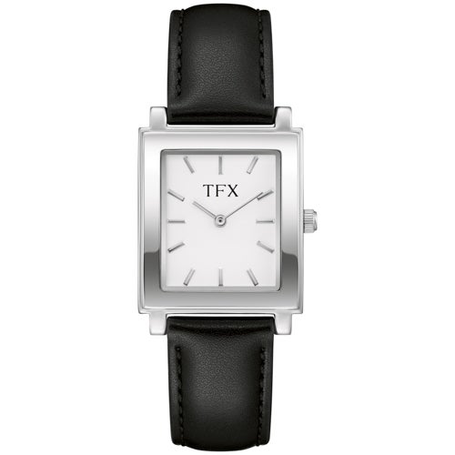 TFX Mens Silver & Black Leather Strap Rectangle Watch, White Dial