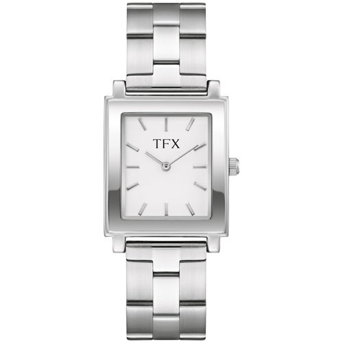 TFX Mens Silver-Tone Stainless Steel Rectangle Watch, White Dial