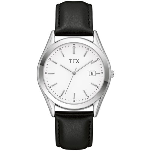 TFX Mens Silver & Black Leather Strap Watch, White Dial