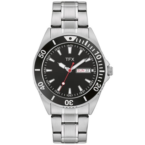 TFX Mens Silver-Tone Stainless Steel Watch, Black Dial