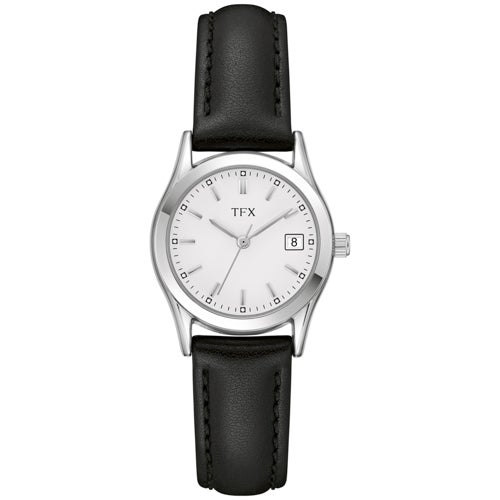 TFX Ladies Silver & Black Leather Strap Watch, White Dial