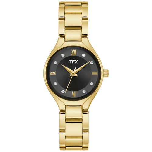 Ladies' TFX Gold-Tone Stainless Steel Watch w/ Crystal Markers, Black Dial