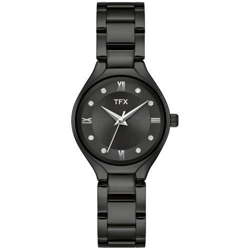 Ladies' TFX Black IP Stainless Steel Watch w/ Crystal Markers, Black Dial