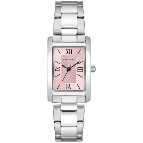 Ladies Dress Silver-Tone Stainless Steel Rectangle Watch, Pink Dial