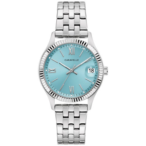 Ladies Dress Silver-Tone Stainless Steel Watch, Light Blue Dial