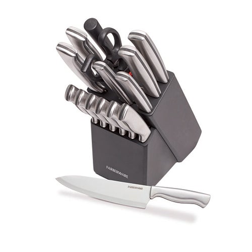 Farberware 22-Piece Never Needs Sharpening Triple Rivet High-Carbon Stainless Steel Knife Block and Kitchen Tool Set, Black