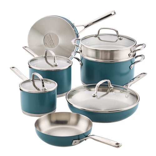 Color-Finished 11pc Stainless Steel 3-Ply Cookware Set, Agave Blue