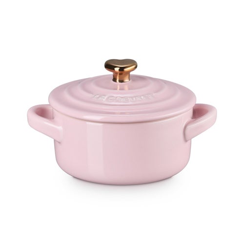 8oz Stoneware Mini Round Cocotte w/ Rose Gold Heart Knob, Chiffon Pink