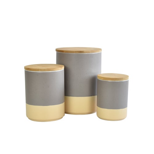 3pc Stoneware Canister Set w/ Bamboo Lids, Grey