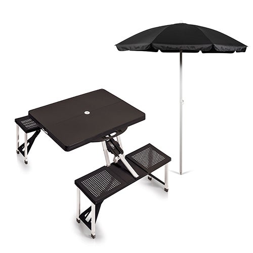 Folding Picnic Table w/ Seats & 1 Beach Umbrella, Black