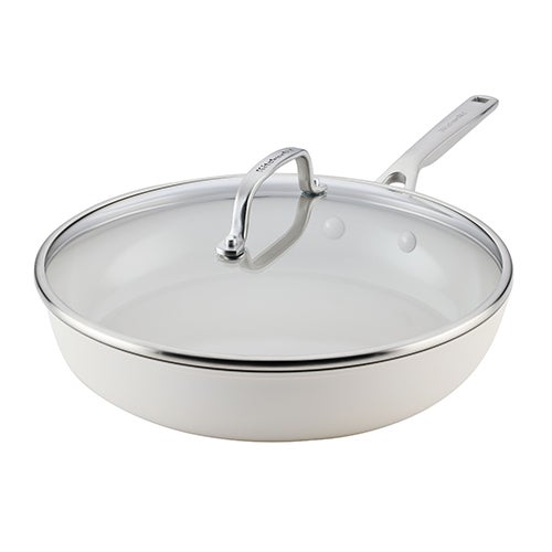 12.25" Hard Anodized Ceramic Induction Fry Pan w/ Lid, Porcelain White