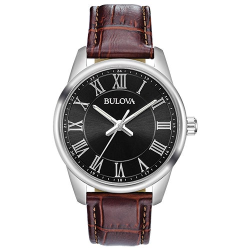 Men's Quartz Brown Leather Strap Watch, Black Dial