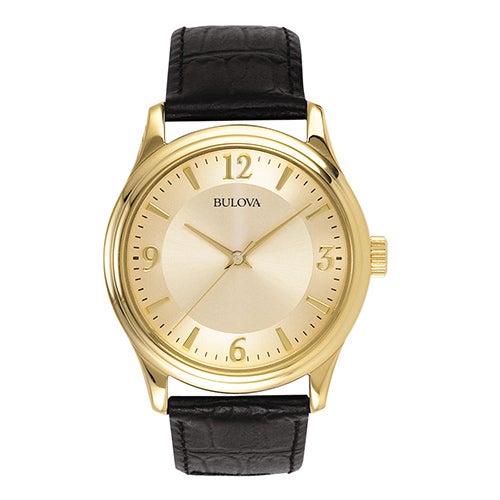 Mens Corporate Collection Black Leather Strap Watch, Gold Dial