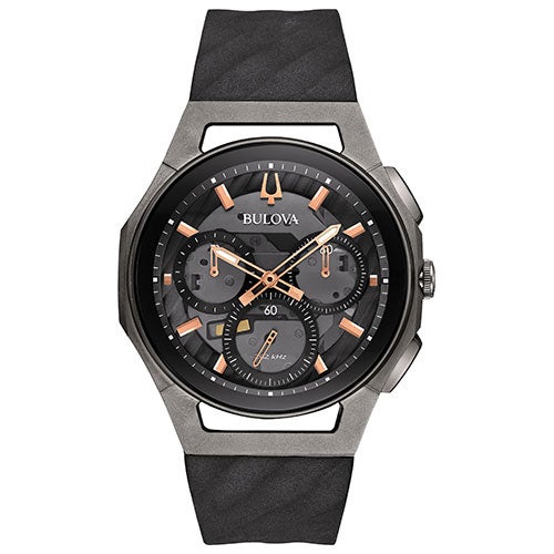 Mens Curv Chronograph Black Rubber Strap Watch, Black Dial