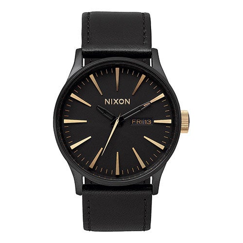 Mens Sentry Leather Gold & Matte Black Watch, Black Dial